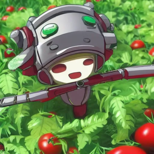 Image similar to cute robot made of plants wearing tomato hat and a chive sword, made in abyss style