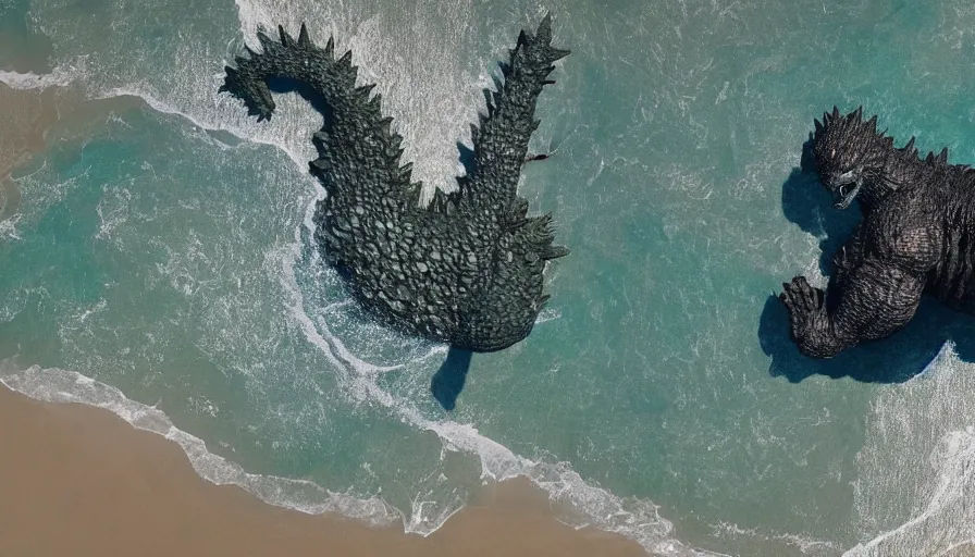 Image similar to CNN news footage taken from above. Godzilla from Zelda is washed up on the beach. 8K Highly professionally detailed, HDR, CGsociety, Ultra Realistic