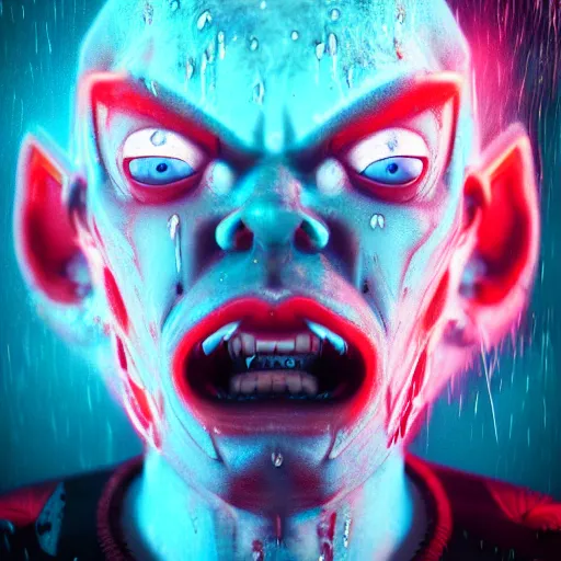 Image similar to demon, cartoon portrait made out of rain, realistic, highly detailed, neon, rendered in octane, unreal engine, beautiful, trending on artstation,