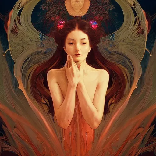 Image similar to A portrait of A beautiful!!!! angel in black flames by Ross Tran!! and alphonse mucha and greg rutkowski and Zdzisław Beksiński!!,In style of digital art illustration.Symmetry.Beautiful features.Fantasy,smooth,hyper detailed,sharp focus,Soft light.trending on artstation.4k