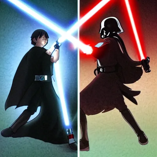 Image similar to Studio Ghibli Luke Skywalker vs Darth Vader lightsaber duel