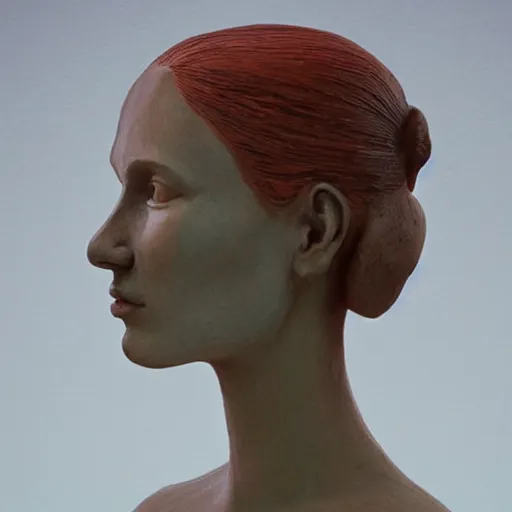 Prompt: sculpture of a woman's face in profile. She has high cheekbones, a strong jawline, and her hair is pulled back away from her face. She stares out at the viewer with a slight smile, her eyes half-lidded and her lips parted. There is a sense of calm and serenity about her. pastel red by Andrea Kowch robust