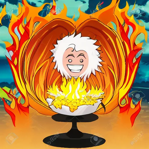 Prompt: anime style character of a piece of fluffy popcorn with a smiling face and flames for hair, sitting on a lotus flower, clean composition, symmetrical