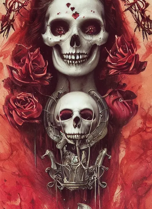 Image similar to Queen of Hearts having tea, Death Tarot card,highly detailed,half skull face,cinematic,8k,by Stanley Artgermm,Tom Bagshaw,Greg Rutkowski,Carne Griffiths, Ayami Kojima, Beksinski, Giger,trending on DeviantArt,hyper detailed,horror, full of colour