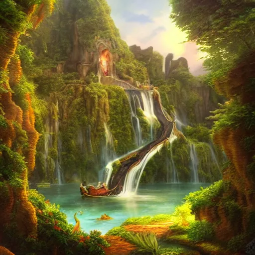 Image similar to realistic detailed view of neverland by terance james bond, russell chatham, greg olsen, thomas cole, james e reynolds, photorealistic, fairytale, art nouveau, illustration, concept design, storybook layout, story board format