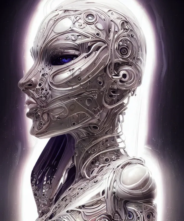 Image similar to a woman turning into an Android portrait wearing a part cybernetic body, surrealism , scifi, intricate, elegant, sharp eyebrows, ornate long flowing blonde hair, highly detailed cybernetic body, neon glowing eyes, digital painting, artstation, concept art, smooth, sharp focus, illustration, art by Artgerm and moebius and Peter Mohrbacher