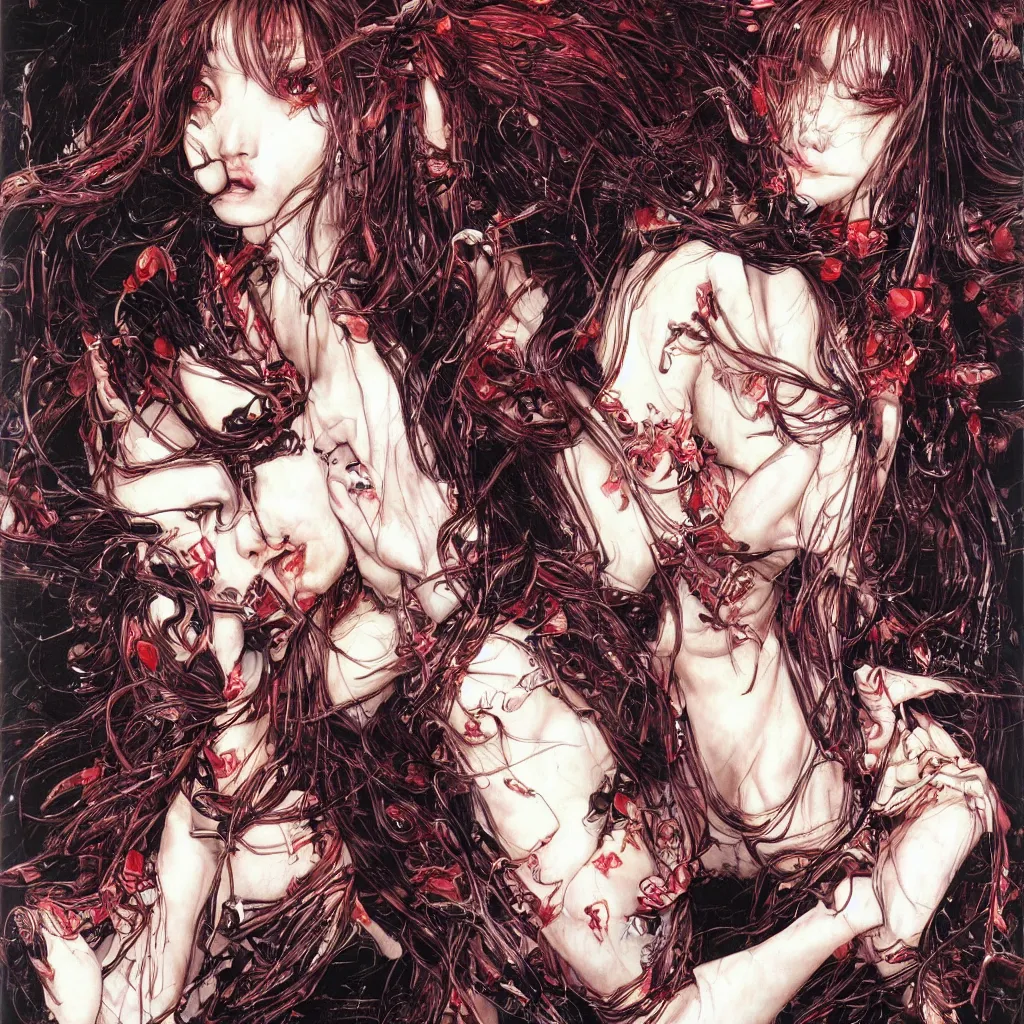 Image similar to portrait of angelababy eating a very big poly-poop by Ayami Kojima, Amano, rich deep colors