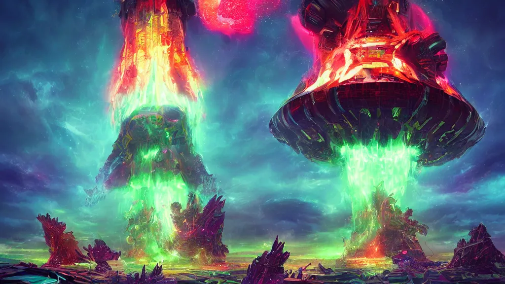 Prompt: An epic beautiful digital artwork of an ancient terrifying God in space, consuming and eating and destroying a futuristic colorful spacestation. Bright explosions. By Ken Fairclough and Dylan Cole and John Harris, trending on behance, trending on artstation, award winning.