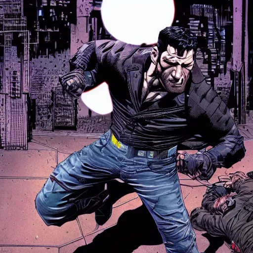 Prompt: the punisher punching bruce wayne, centered in the frame, cyberpunk concept art by Jean Giraud and josan gonzales, digital art, highly detailed, intricate, sci-fi, sharp focus, Trending on Artstation HQ, deviantart, 4K UHD image