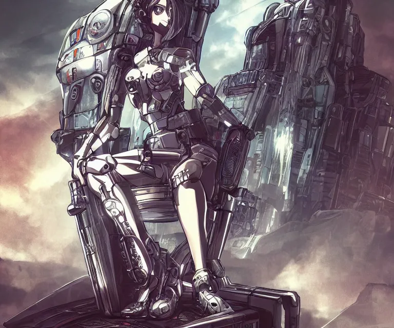 Image similar to majestic cyborg princess sitting on a metal throne in a futuristic castle, cyberpunk, highly detailed, sharp lines, anime