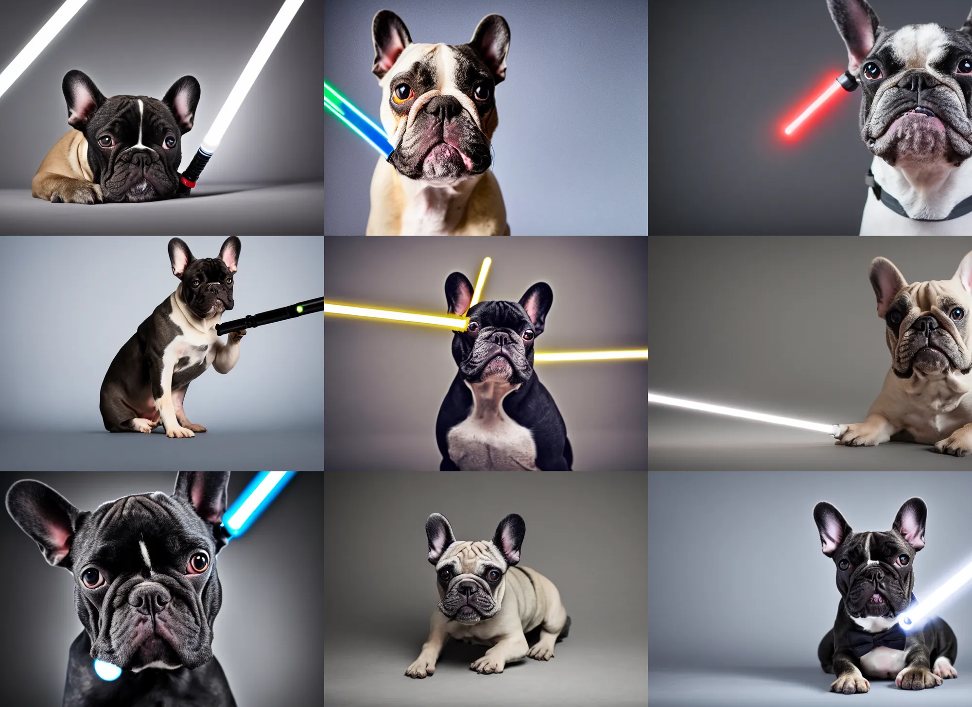 Prompt: photo still of french bulldog with a lightsaber, 8 k, studio lighting bright ambient lighting key light, 8 5 mm f 1. 8