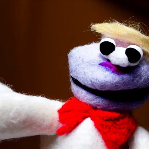 Image similar to close up of donald trump muppet, puppet, wool, dslr photo