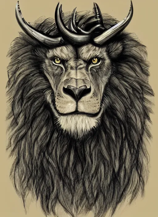 Image similar to a mighty strong creature with the body and eyes of a man, with the ( ( beak ) ) of an eagle, the mane of a lion, and the horns of an ox. drawn by boris valejo