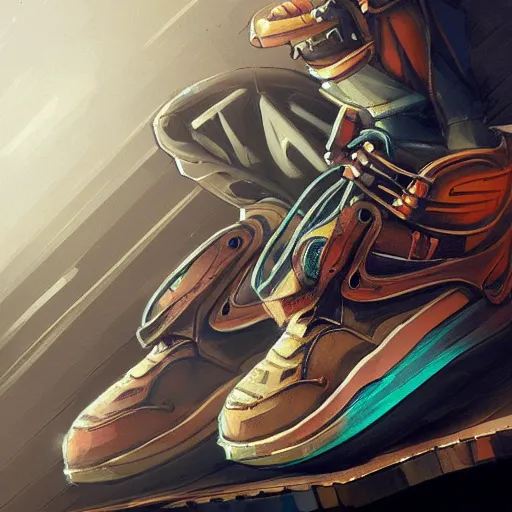 Prompt: sneaker concept art, steampunk, sharp focus, illustration, bright colors, concept art by tooth wu