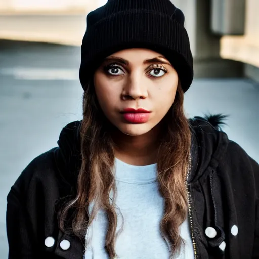 Prompt: character concept art of a mixed woman with freckles with a septum piercing, winged eyeliner, black beanie, black bomber jacket, in an urban environment, depth of field