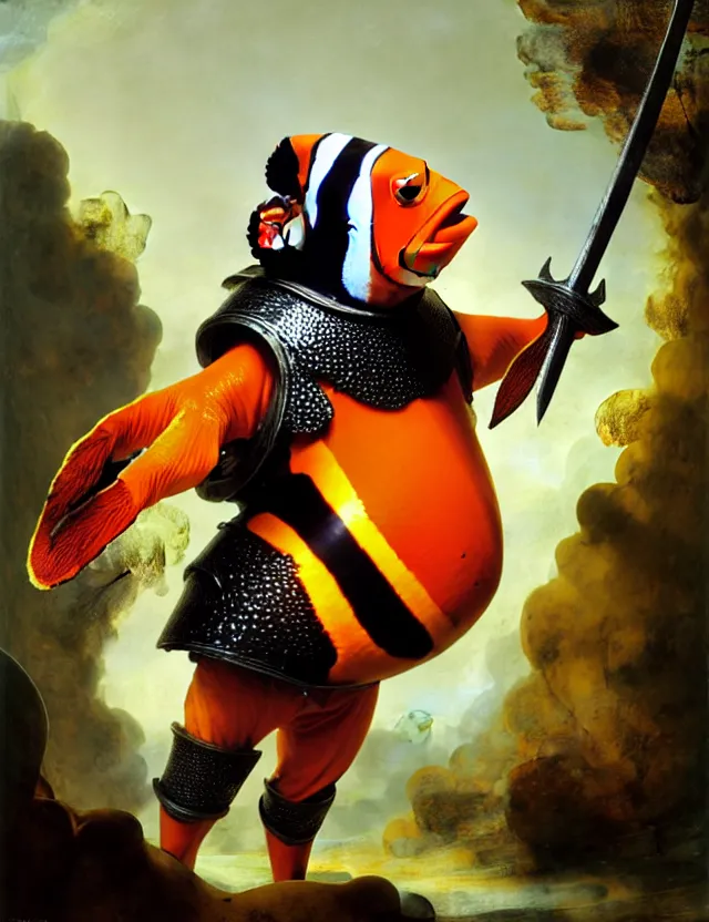 Prompt: anthropomorphic bipedal clownfish that is wearing full iron plate armor, and holding a colossal sword over his shoulder, as a matte oil painting and d & d character art, by rembrandt, standing, fullbody, bubbles, anemone, tall kelp, award - winning, extremely detailed, sharp focus