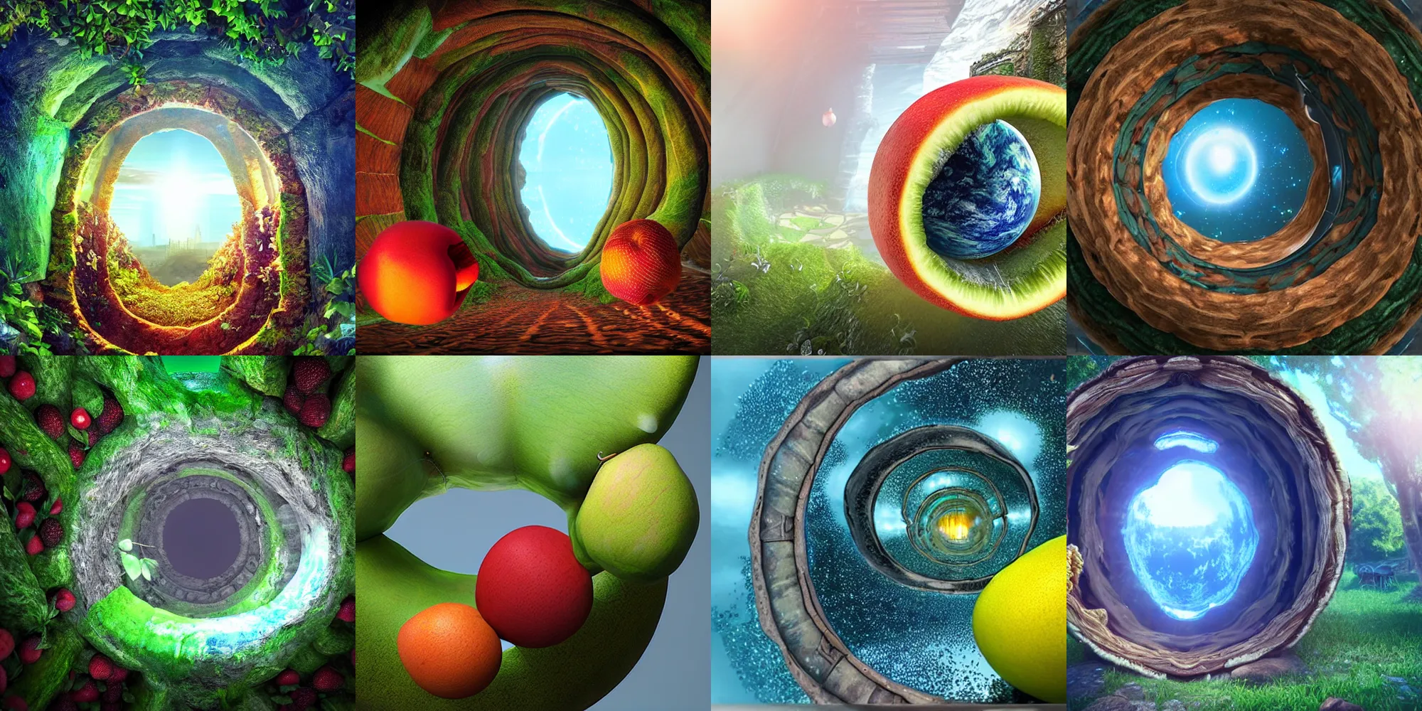 Prompt: a portal to another world through a fruit, 8k, hyper realistic, super detailed, 4k HDR hyper realistic high