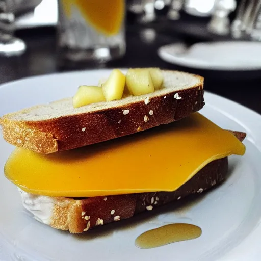 Image similar to sandwich with foie gras and honey and mango, bad, grainy and blurry amateur photo