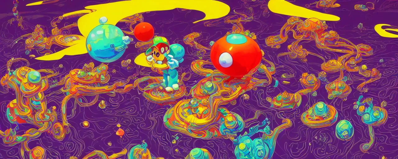 Prompt: surreal moebius illustration super mario having psychedelic acid trip on lsd glichy hypnotic fractals spirals with molecule structures fluid flowing shapes by sachin teng and sergey kolesov and ruan jia and heng z. graffiti art, scifi, fantasy, hyper detailed. octane render. concept art. trending on artstation