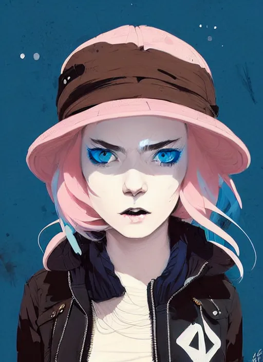 Image similar to highly detailed portrait of a street punk lady student, blue eyes, bubble jacket, hat, white hair by atey ghailan, by greg rutkowski, by greg tocchini, by james gilleard, by joe fenton, by kaethe butcher, gradient pink, black, brown and light blue color scheme, grunge aesthetic!!! ( ( graffiti tag wall background ) )