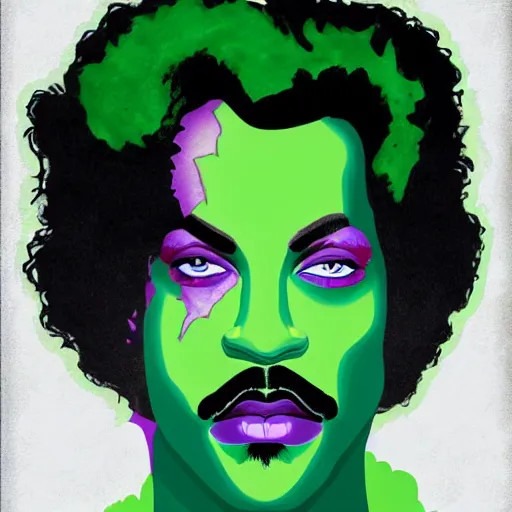 Image similar to a portrait of prince as two face. half his face is white with green hair. in the style of herbert bayer