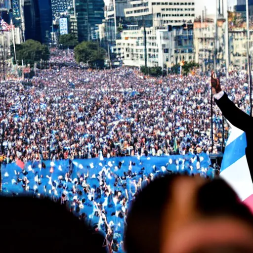 Image similar to Lady Gaga as president, Argentina presidential rally, Argentine flags behind, bokeh, giving a speech, detailed face, Argentina