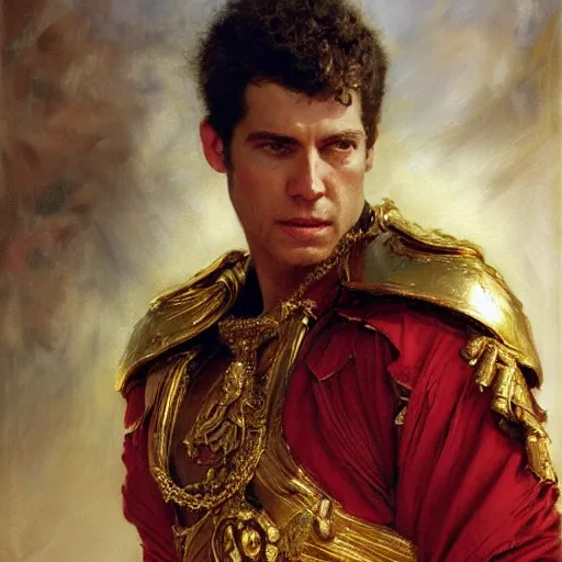 Image similar to detailed realistic cinematic wide shot of beautiful attractive muscular joe biden as roman empreror gold chain wearing royal red clothes slim face symettrical face clean skin black eyes black robe smooth, sharp focus, ultra realistic, spring light, painting by gaston bussiere, craig mullins, j. c. leyendecker