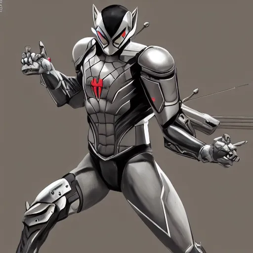 Image similar to greg manchess portrait painting of armored spiderman ultraman grey fox from metal gear cyborg japanese - american hybrid as overwatch character, medium shot, asymmetrical, profile picture, organic painting, sunny day, matte painting, bold shapes, hard edges, street art, trending on artstation, by huang guangjian and ail elvgren and sachin teng