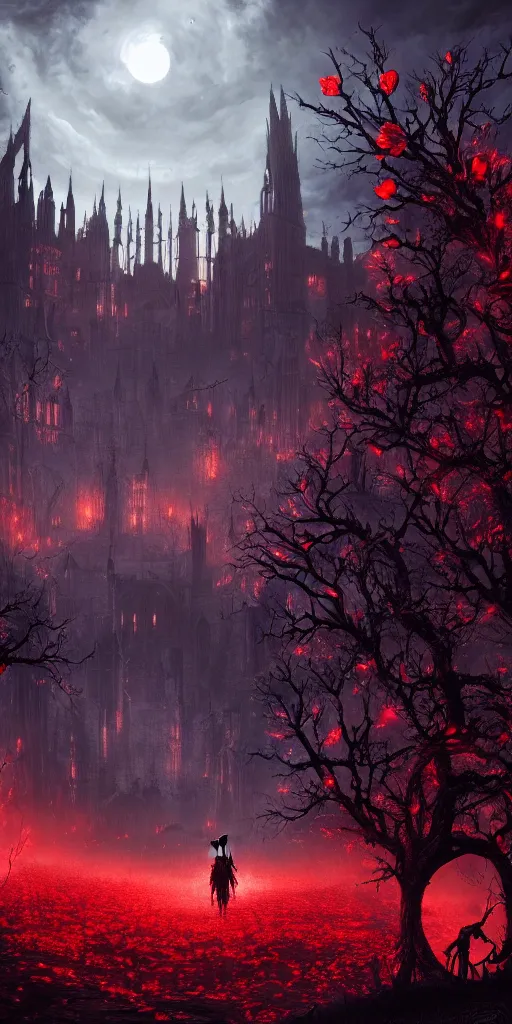 Image similar to populated bloodborne old valley with a dark person at the centre and a ruined gothic city in the background, trees and stars in the background, falling red petals, epic red - orange moonlight, perfect lightning, wallpaper illustration by niko delort and kentaro miura, 4 k, ultra realistic