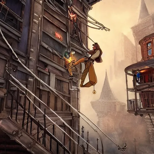 Image similar to Thieves using grappling hooks to climb a steampunk city, epic fantasy art style HD