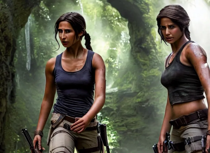 Image similar to film still of!!!! naomi scott!!! as lara croft in new tomb raider movie, 8 k