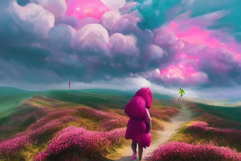 Image similar to giant dahlia flower as head, girl walking on mountain, surreal photography, pink storm clouds, dramatic light, impressionist painting, digital painting, artstation, simon stalenhag