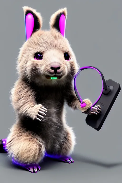 Image similar to high quality 3 d render neo - cyberpunk very cute fluffy! wombat!! cyborg with headphones, mechanical paw, highly detailed, unreal engine cinematic smooth, in the style of detective pikachu, hannah yata charlie immer, neon purple light, low angle, uhd 8 k, sharp focus