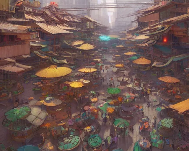 Image similar to colorful marketplace in a great, brutalist kitsune city, bamboo, anime, a fantasy digital painting by greg rutkowski and james gurney, trending on artstation, highly detailed