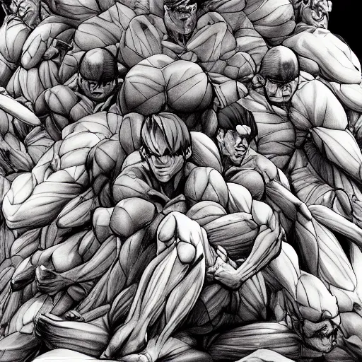 Image similar to a crawling mountain of muscles, highly detailed, anime, pale colors, award winning pictures, by studio mappa, by studio wit