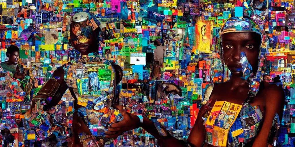 Image similar to photo of ROBOT of AJEGUNLE SLUMS of Lagos inside African JESUS CHRIST about AESTHETICS surrounding large UFO within NEON rays of light, magazine collage,