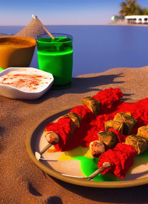 Image similar to kebab in batter on the beach with red water and green sand, ultra detailed, trending on artstation, concept art, octane render, unreal engine,