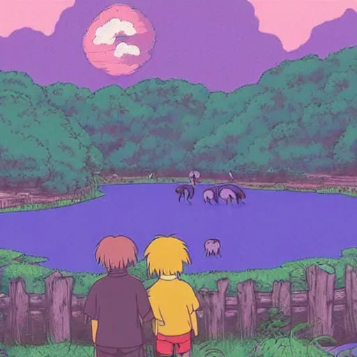 Image similar to purple guy looking at wild animals in ghibli style in studio ghibli artstyle, art, smooth, highly detailed, 4k, art, anime, colorful, river, beautiful scene,