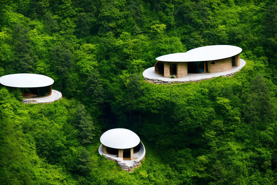 Prompt: Ellipse-shaped house with round windows, built on a large cliff near a forest. A thin stone bridge goes over the cliff. View from afar, 8k, 16k, architecture photo, high details