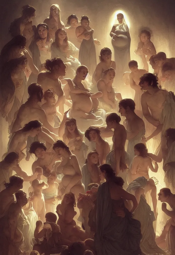 Image similar to epic pregnant woman talking to all her tribe with fluorescence bodies, proud people gather around the pregnant woman, fluorescence bodies, ice cave at night, intricate, elegant, highly detailed, digital painting, artstation, concept art, smooth, sharp focus, illustration, art by artgerm and greg rutkowski and alphonse mucha and william - adolphe bouguereau