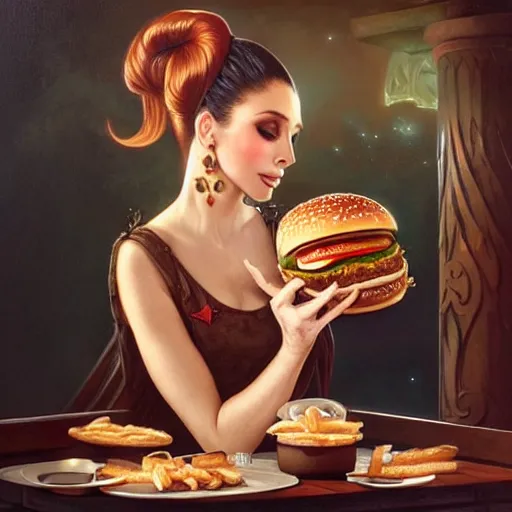 Image similar to Cher eating a mcdonald's big mac hamburger, dripping BBQ Sauce, serving burgers, intricate, elegant, feminine ethereal, hearthstone, D&D, magical mystical, highly detailed, digital painting, artstation, concept art, matte, sharp focus, hyperreal, art by Artgerm and Greg Rutkowski and Alphonse Mucha