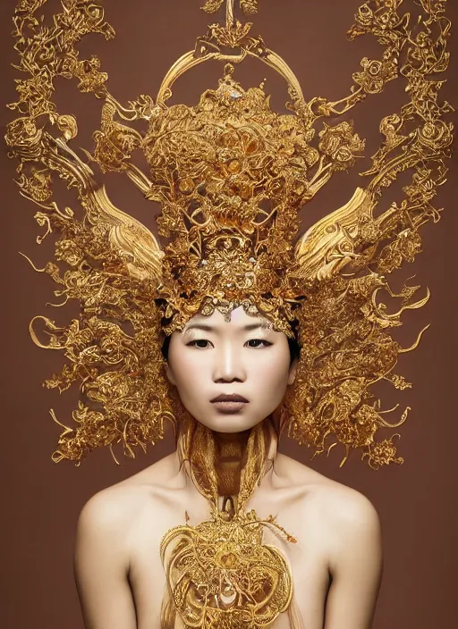 Image similar to a portrait of pan - asian female by stefan geselle and nekro borja, photorealistic, intricate details, hyper realistic, fantasy, elegant, baroque gold headpiece, photorealistic, canon r 3, photography, wide shot, symmetrical features, symmetrical pose, wide angle shot, head to toe, standing pose, feet on the ground, wearable art