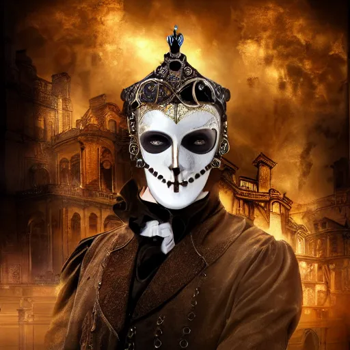 Prompt: steampunk phantom of the opera, hyper realistic, theatrical lighting, 8k resolution, highly detailed