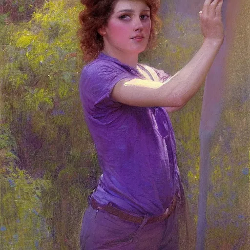 Image similar to a woman in a purple shirt with a normal body type, painting by Gaston Bussiere, Craig Mullins