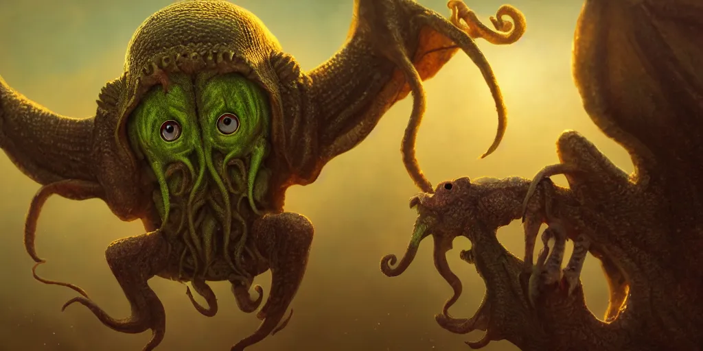 Image similar to cute happy baby cthulhu, golden hour, fantasy, sharp focus, digital art, hyper realistic, 4 k, unreal engine, highly detailed, hd, dramatic lighting by brom, trending on artstation, new cats movie