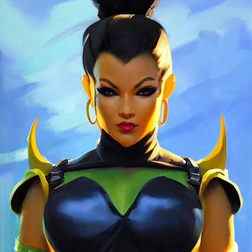 Image similar to greg manchess portrait painting of jade from mortal kombat as overwatch character, medium shot, asymmetrical, profile picture, organic painting, sunny day, matte painting, bold shapes, hard edges, street art, trending on artstation, by huang guangjian and gil elvgren and sachin teng