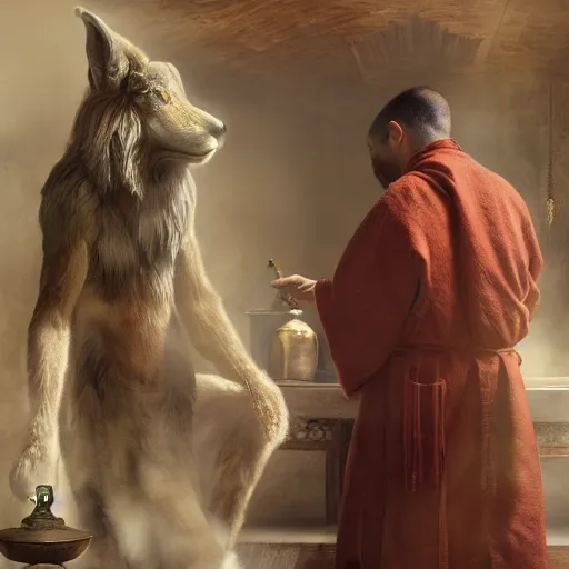 Prompt: antelope deer wolf reptile furry hairy fluffy monk wearing robes holding incense burner. natural lighting by ruan jia, portrait