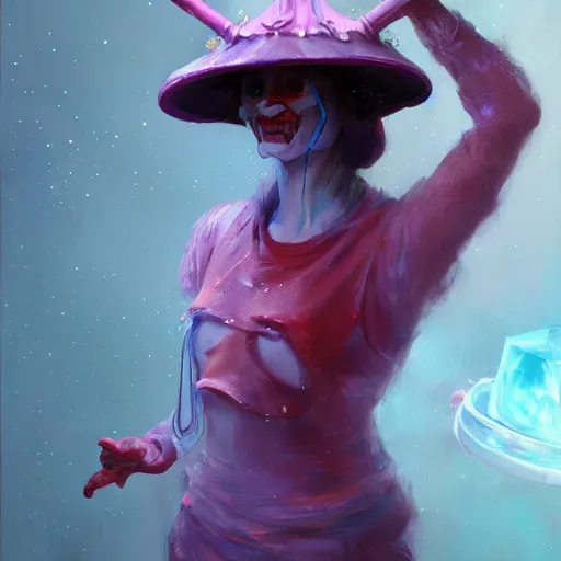 Image similar to a dmt jester wearing a fool's cap, hyperspace, huggy wuggy from poppy playtime video game, fullbody, ultra high detailed, oil painting, greg rutkowski, charlie bowater, yuumei, yanjun cheng, unreal 5, daz, hyperrealistic, octane render, rpg portrait, dynamic lighting, fantasy art, beautiful face