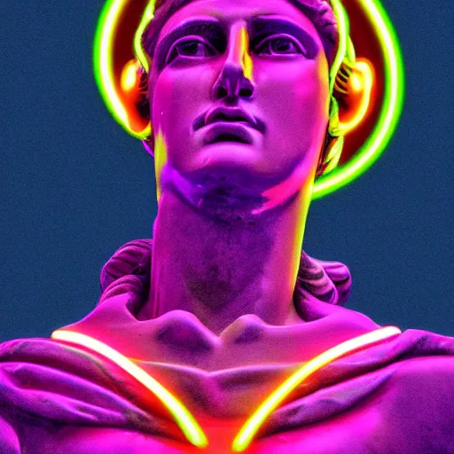 Prompt: the statue of david with a neon ring around the head in a synthwave, digital art, hyper-realistic