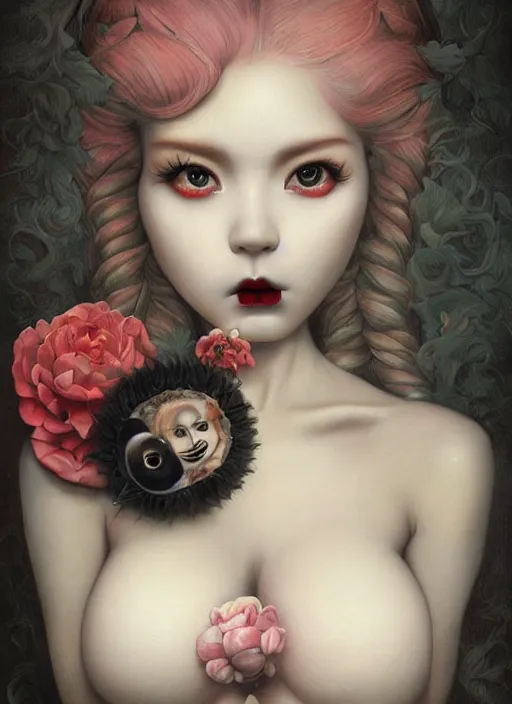 Image similar to pop surrealism, lowbrow art, realistic cute seductive female painting, japanese artist kaname ozuma, hyper realism, muted colours, rococo, dorian clevenger, natalie shau tom bagshaw, mark ryden, trevor brown style,